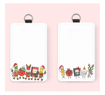 Mommie Peas Creations personalized holiday ID badge holders with cute festive school supply illustrations