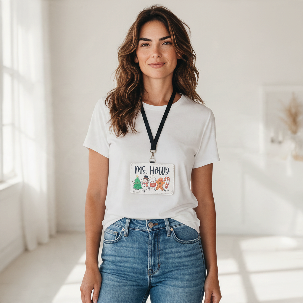 Mommie Peas Creations festive holiday character badge holder worn by a woman in a white t-shirt and blue jeans.