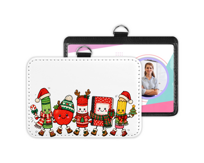 Mommie Peas Creations holiday ID badge holder with festive school supply illustrations and a black lanyard clip.