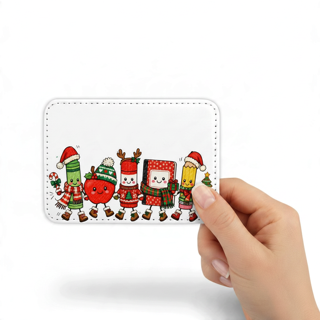 Mommie Peas Creations personalized holiday ID badge holder with cute festive school supply illustrations held by hand