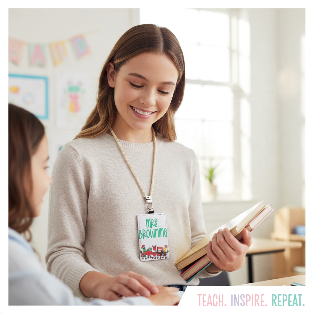 Mommie Peas Creations personalized holiday ID badge holder with festive school supply illustrations worn by a teacher