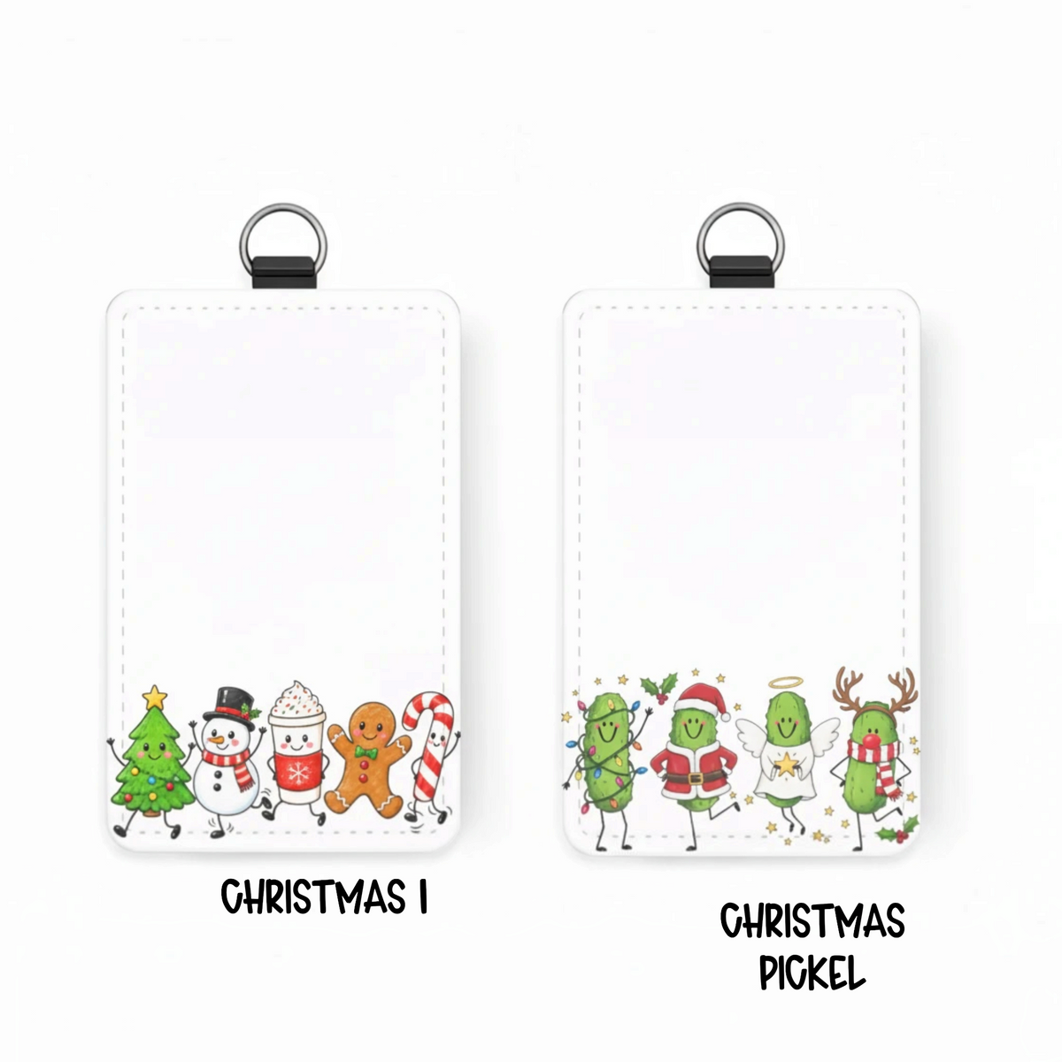 Mommie Peas Creations festive holiday character badge holders featuring cute Christmas illustrations on white holders.