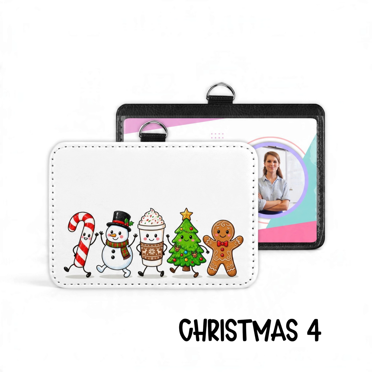 Mommie Peas Creations holiday badge holder featuring cute candy cane, snowman, cocoa, tree, and gingerbread characters.