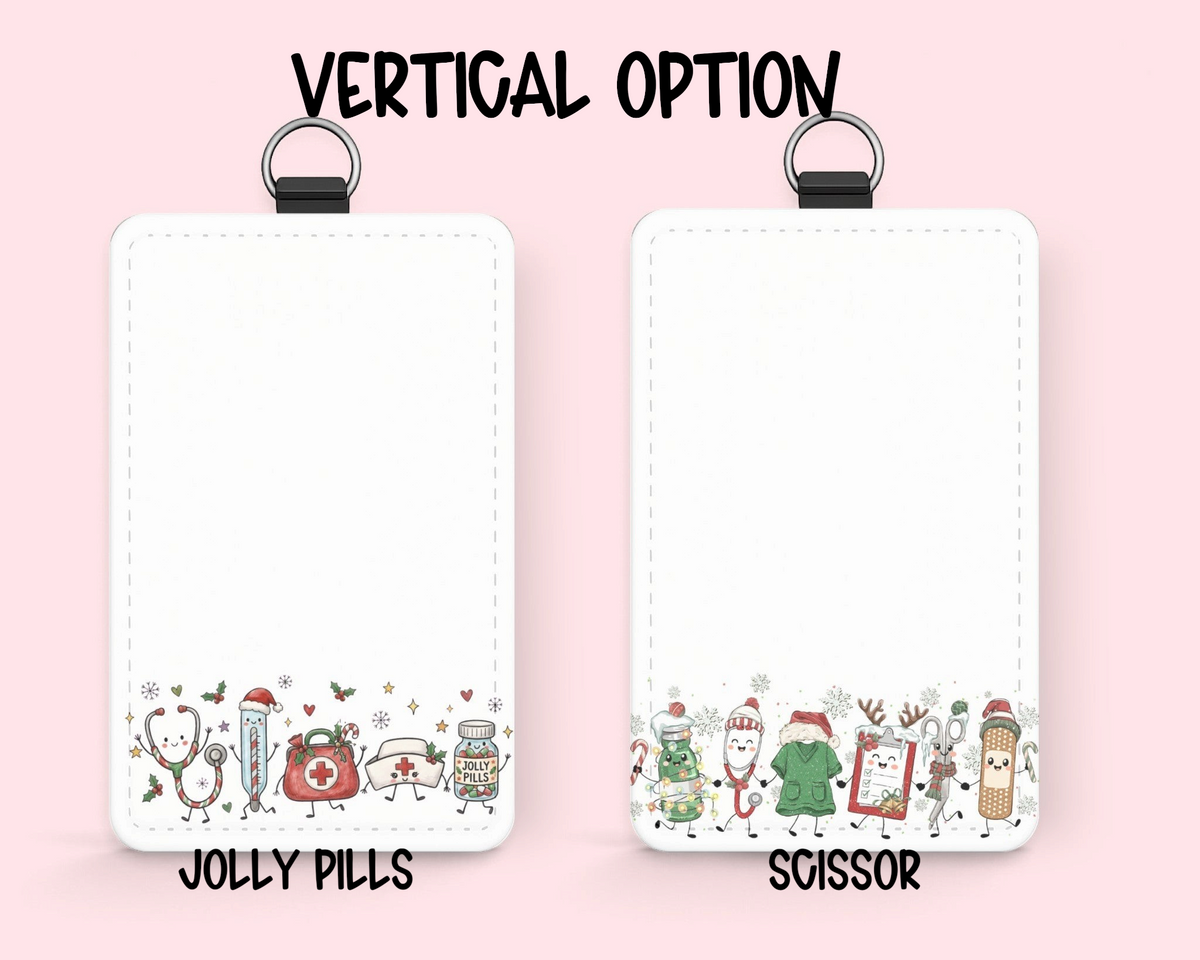 Mommie Peas Creations vertical badge holders featuring festive medical illustrations like stethoscopes and pills.