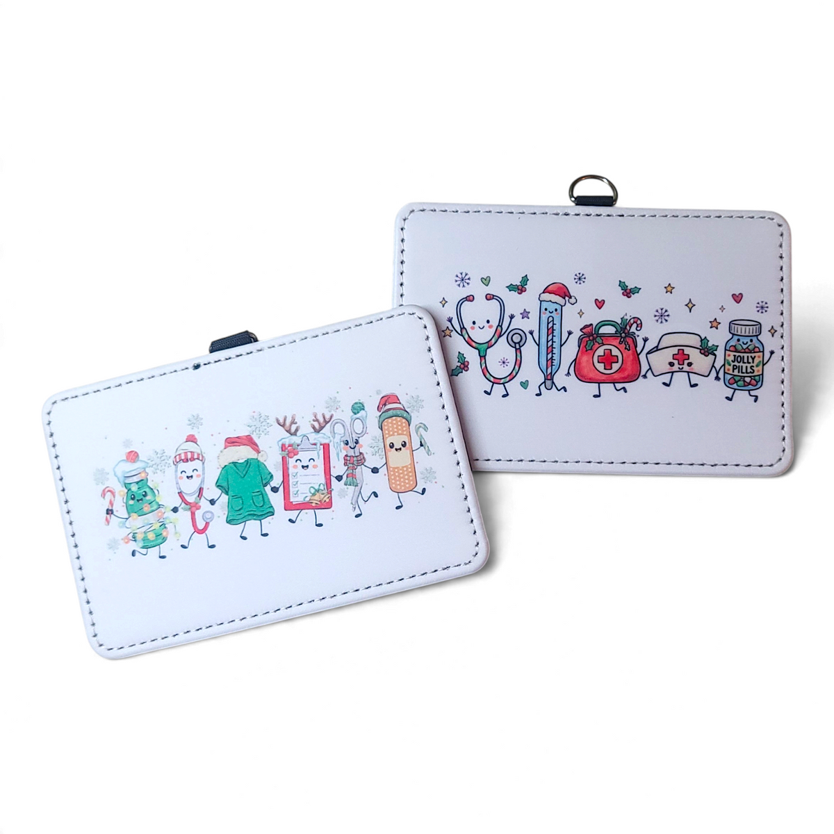 Mommie Peas Creations holiday medical badge holders with festive stethoscope and pill bottle illustrations