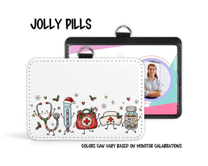 Mommie Peas Creations holiday medical badge holder featuring festive stethoscope, thermometer, and pill bottle graphics.