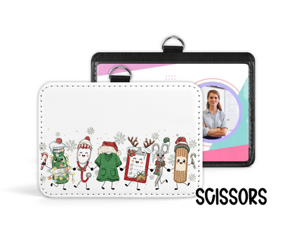 Mommie Peas Creations holiday medical badge holder with festive character illustrations and a clear ID window.