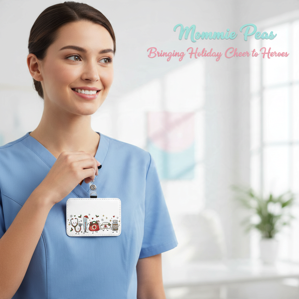 Mommie Peas Creations holiday badge holder with festive medical illustrations worn by a nurse in blue scrubs