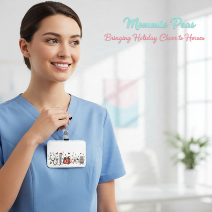 Mommie Peas Creations holiday badge holder with festive medical illustrations worn by a nurse in blue scrubs