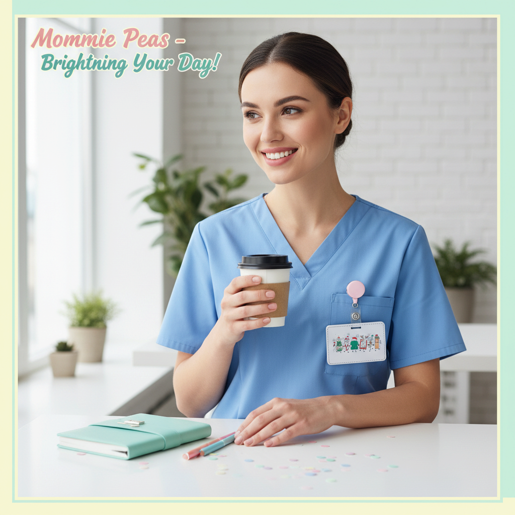 Mommie Peas Creations holiday medical badge holder worn by a smiling nurse in blue scrubs holding a coffee cup