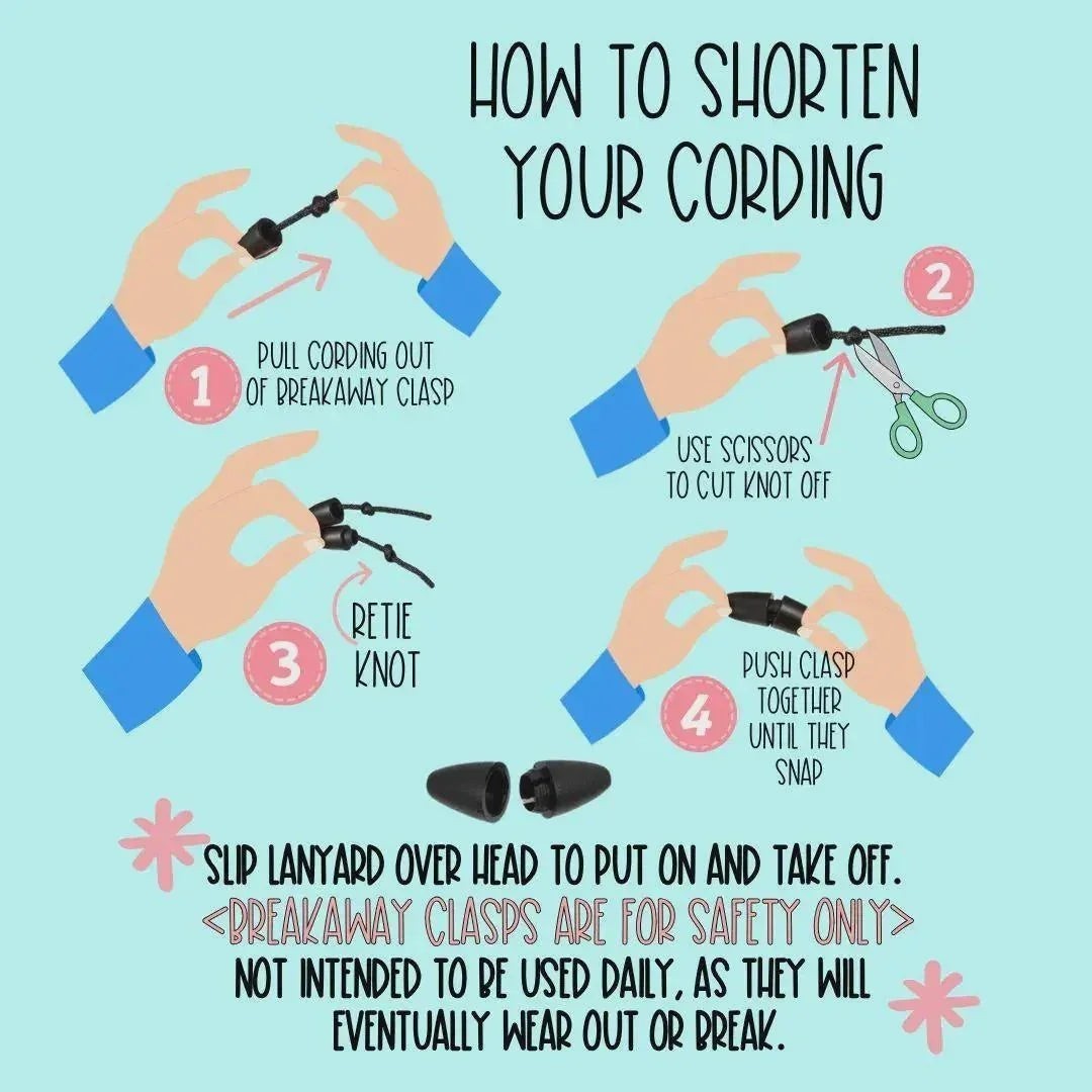 Mommie Peas Creations instructional graphic on how to shorten a lanyard cord with a breakaway clasp.