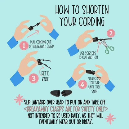 Mommie Peas Creations instructional graphic on how to shorten a lanyard cord with a breakaway clasp.