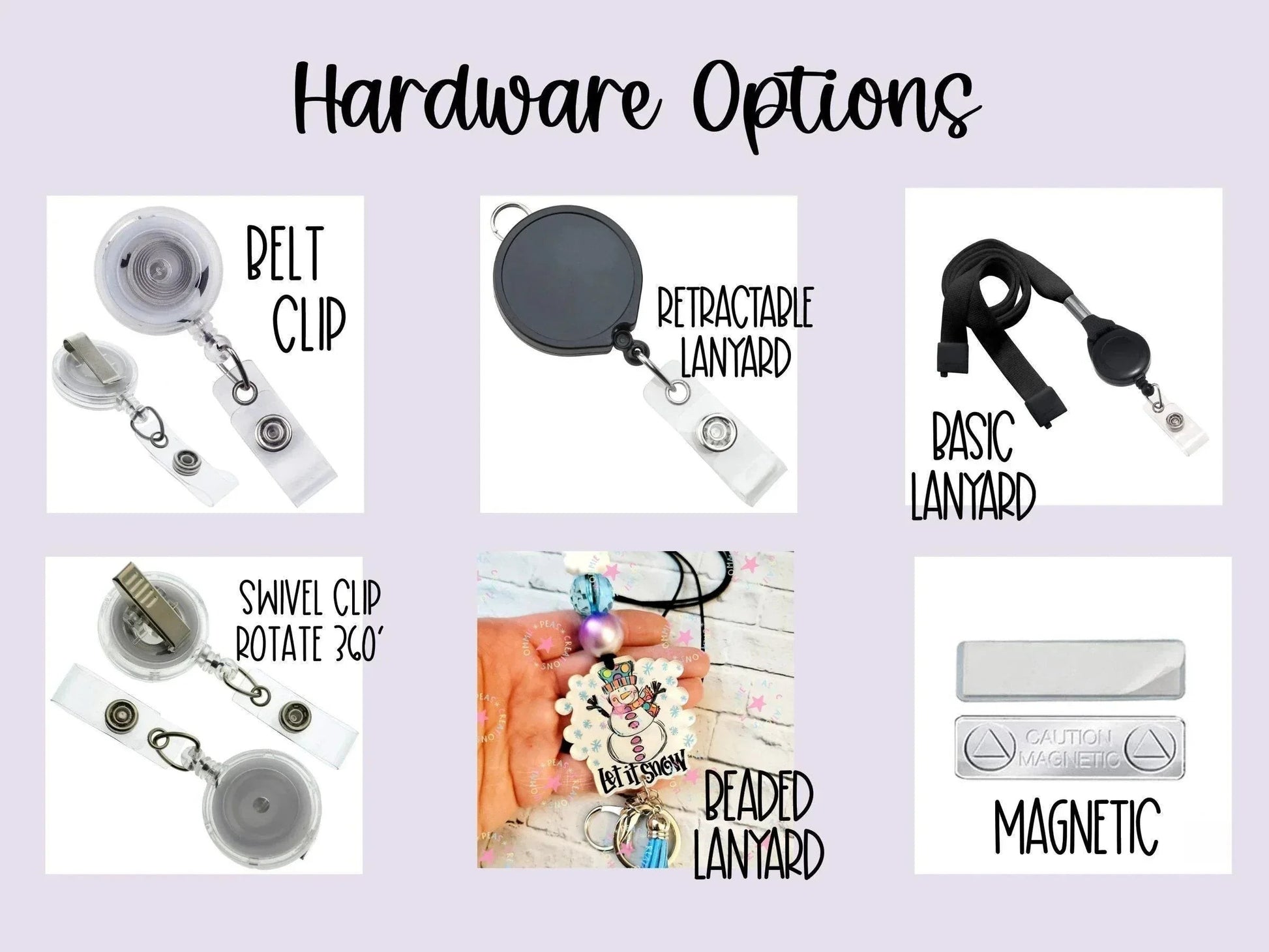 Mommie Peas Creations lanyard hardware options: belt clip, retractable lanyard, basic lanyard, swivel clip, beaded lanyard, and magnetic options.