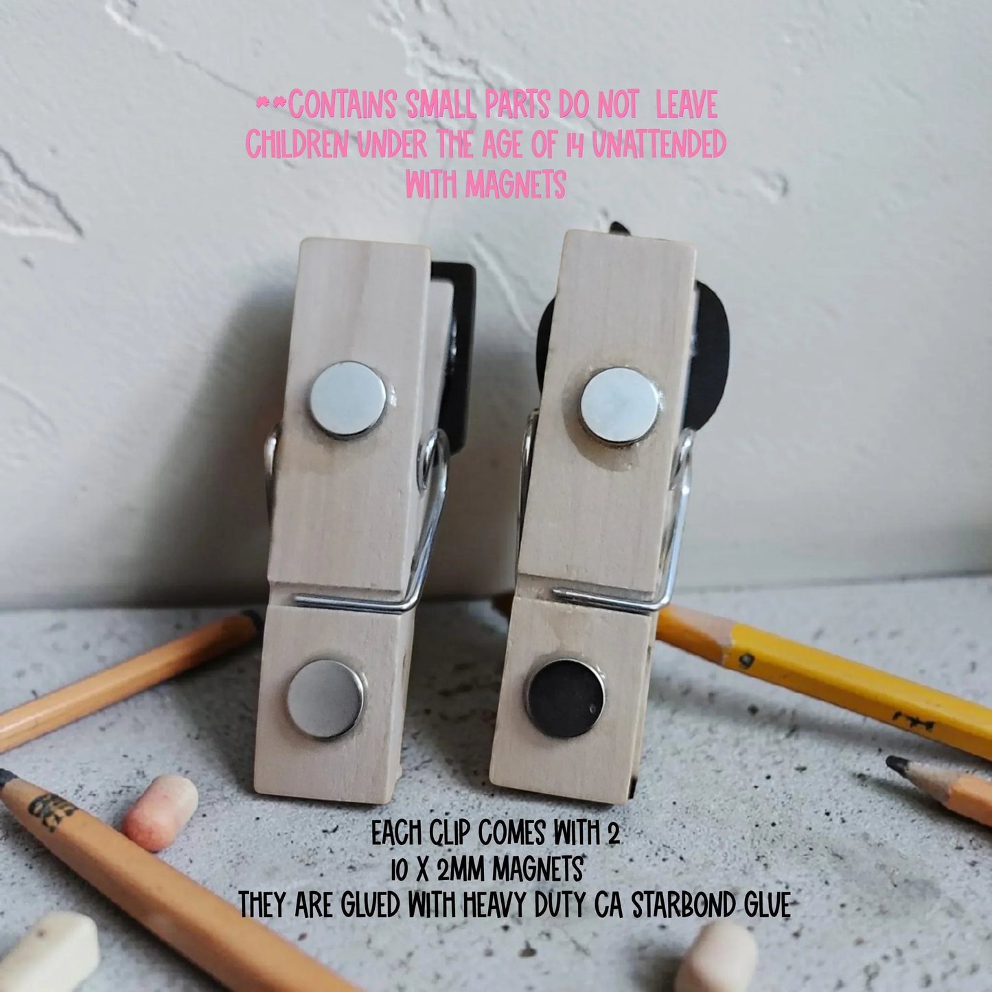 Mommie Peas Creations wooden magnetic clothespins with silver and black magnets, perfect for classroom organization.