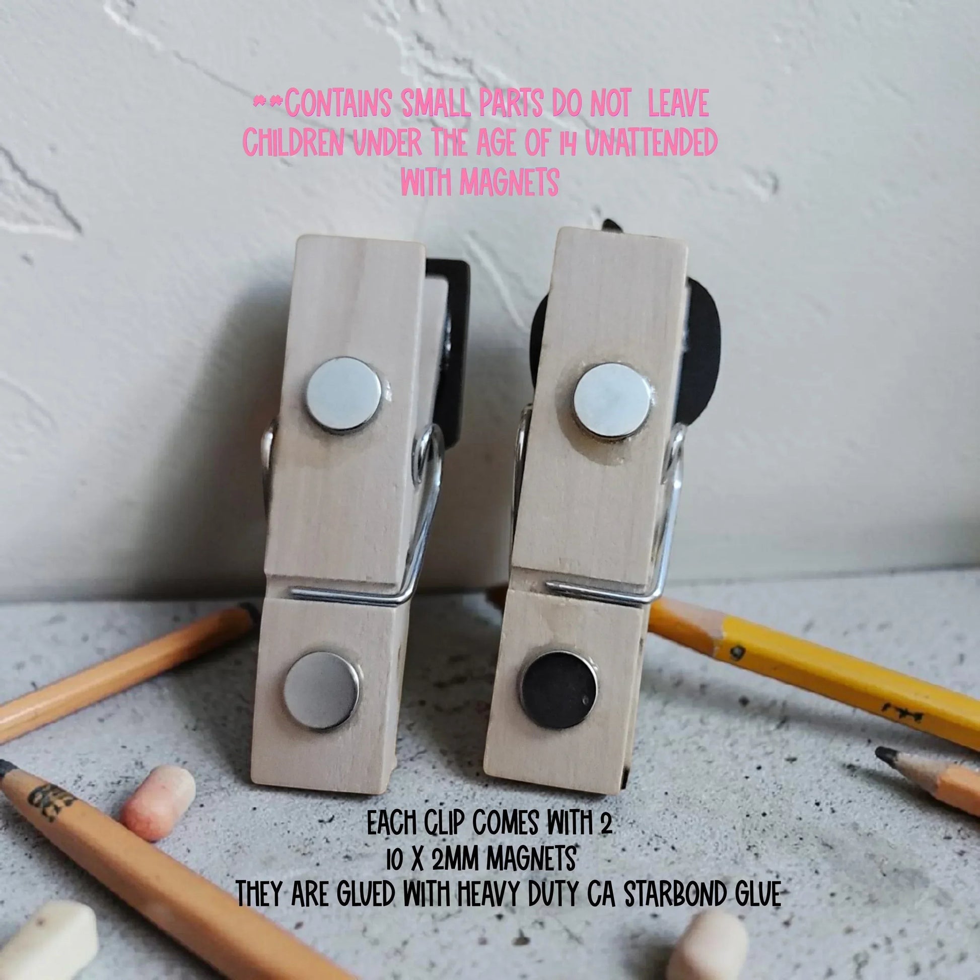 Mommie Peas Creations wooden magnetic clothespins with silver and black magnets, perfect for classroom organization.