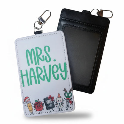Mommie Peas Creations personalized holiday ID badge holder with festive school supply illustrations and metal clip