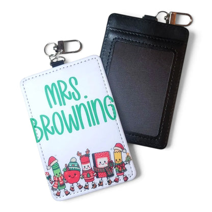 Mommie Peas Creations personalized white ID badge holder with festive school supply illustrations and a black back