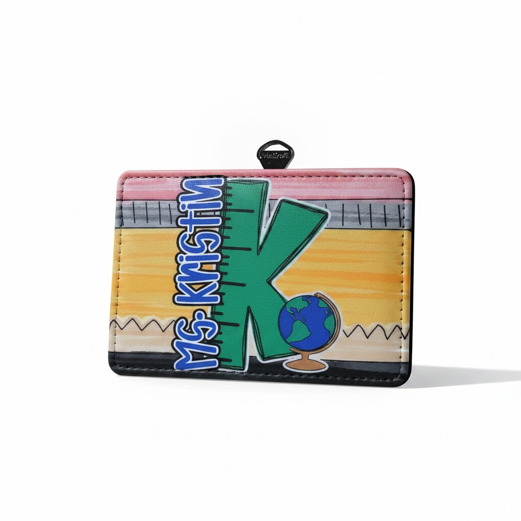 Mommie Peas Creations horizontal PU leather teacher badge holder with personalized pencil and globe design