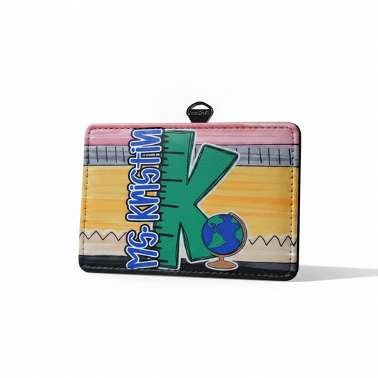 Mommie Peas Creations horizontal PU leather teacher badge holder with personalized pencil and globe design