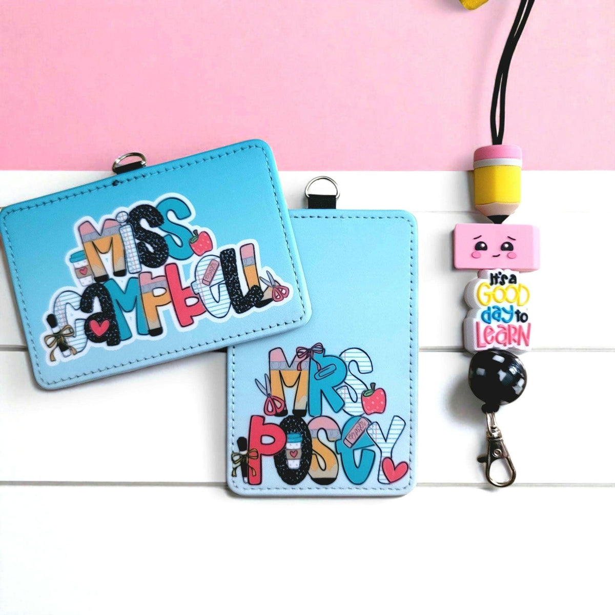 Mommie Peas Creations personalized light blue faux leather teacher badge holders with matching pencil beaded lanyard