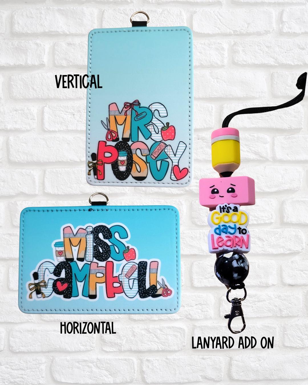 Mommie Peas Creations personalized faux leather ID badge holders in vertical and horizontal styles with pencil lanyard
