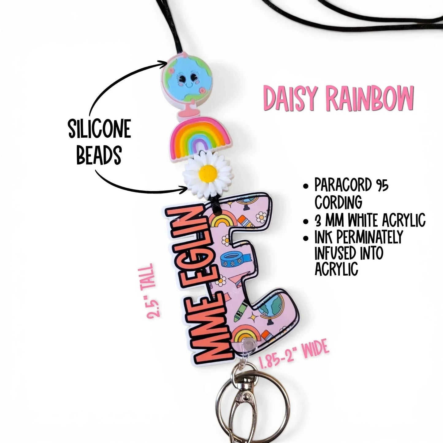 Handmade rainbow-themed lanyard with silicone beads, daisy, and globe charm, crafted by Mommie Peas Creations.