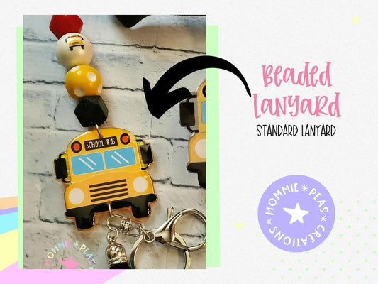 Mommie Peas Creations yellow school bus lanyard with colorful beads and lobster clasp. Perfect for bus drivers and teachers.