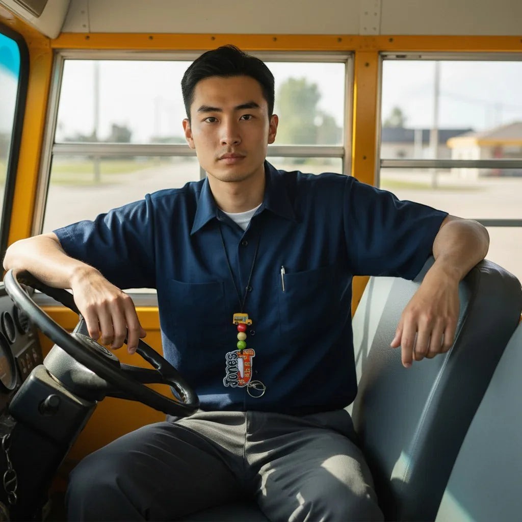 Mommie Peas Creations school bus lanyard with colorful beads and a yellow bus charm, worn by a male bus driver.