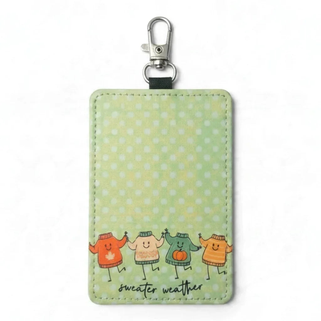Handmade Mommie Peas Creations green polka dot badge holder with cute autumn sweaters.