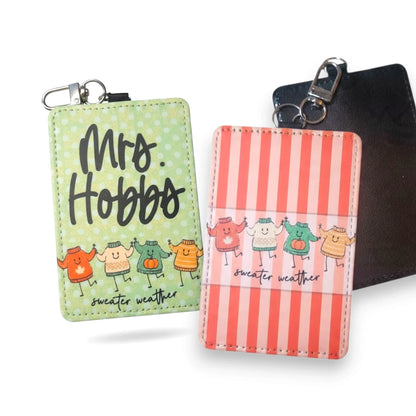 Handmade Mommie Peas Creations vertical badge holders in lime green and red striped designs.
