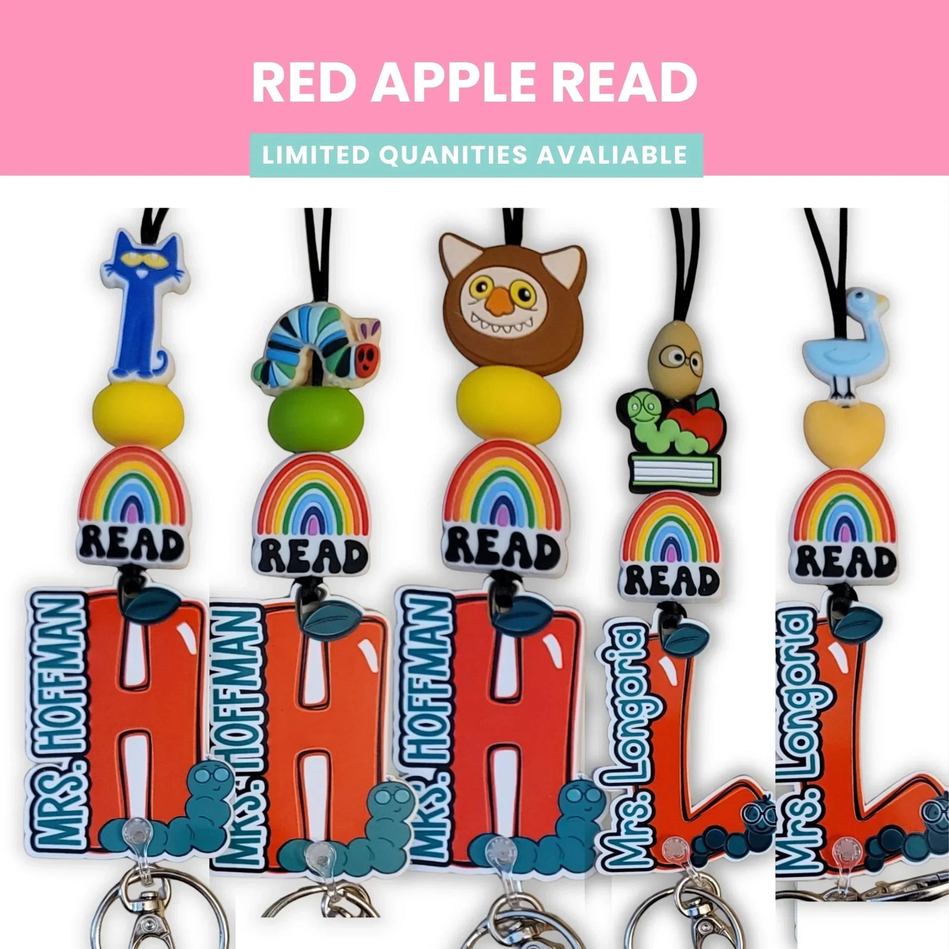 Mommie Peas Creations personalized lanyards featuring colorful beads, rainbow charms with 'READ', and custom name tags for teachers.