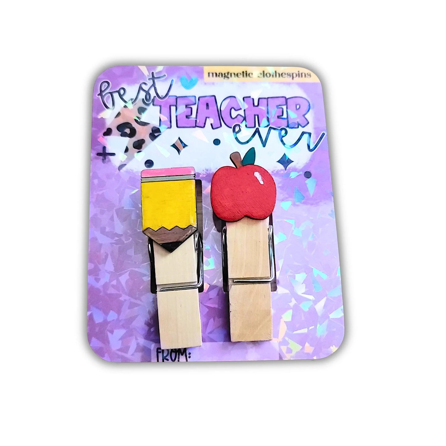 Mommie Peas Creations hand-painted wooden magnetic clothespins shaped like a pencil and an apple, perfect for teachers.