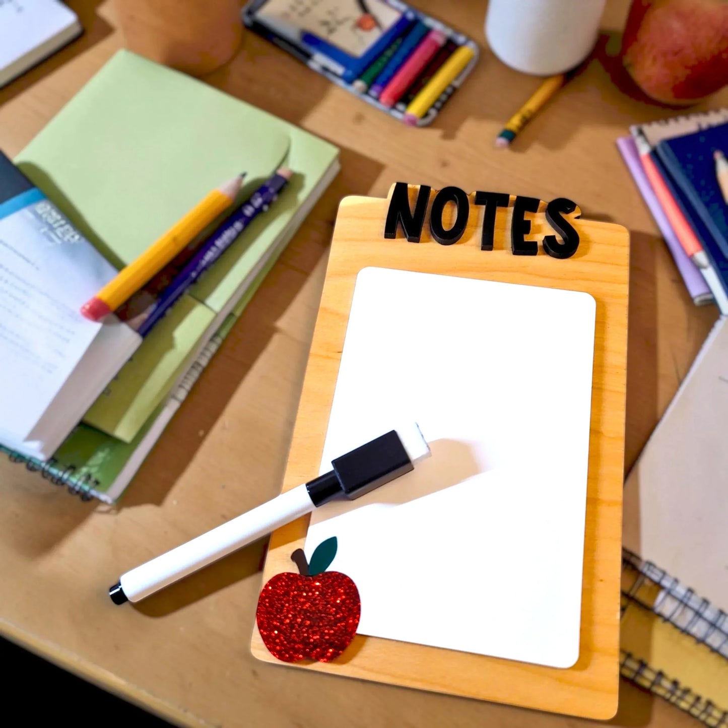Mommie Peas Creations wooden dry erase notes board with glitter apple accent and marker. Perfect for teachers.