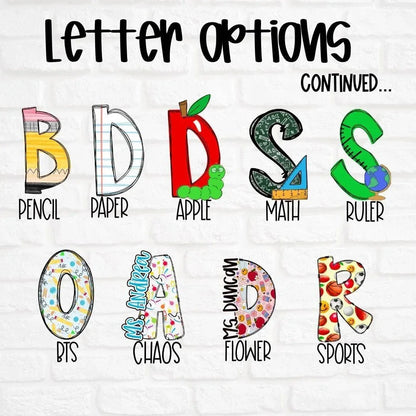 Mommie Peas Creations teacher padfolio letter options: B (pencil), D (paper), D (apple with worm), S (math ruler), S (globe ruler), O (school supplies), A (Ms. Andrea Chaos), D (Ms. Duncan Flower), R (sports balls).