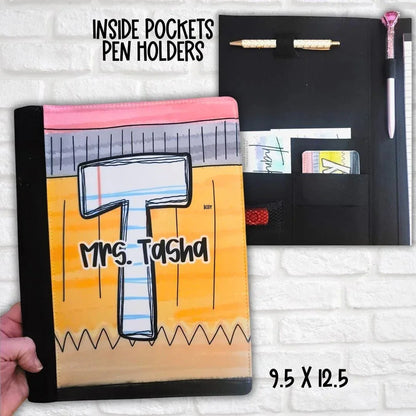 Mommie Peas Creations personalized teacher padfolio, large size (9.5" x 12.5"), with a pencil design and "Mrs. Tasha" printed on the front. The interior features pen holders and card slots.