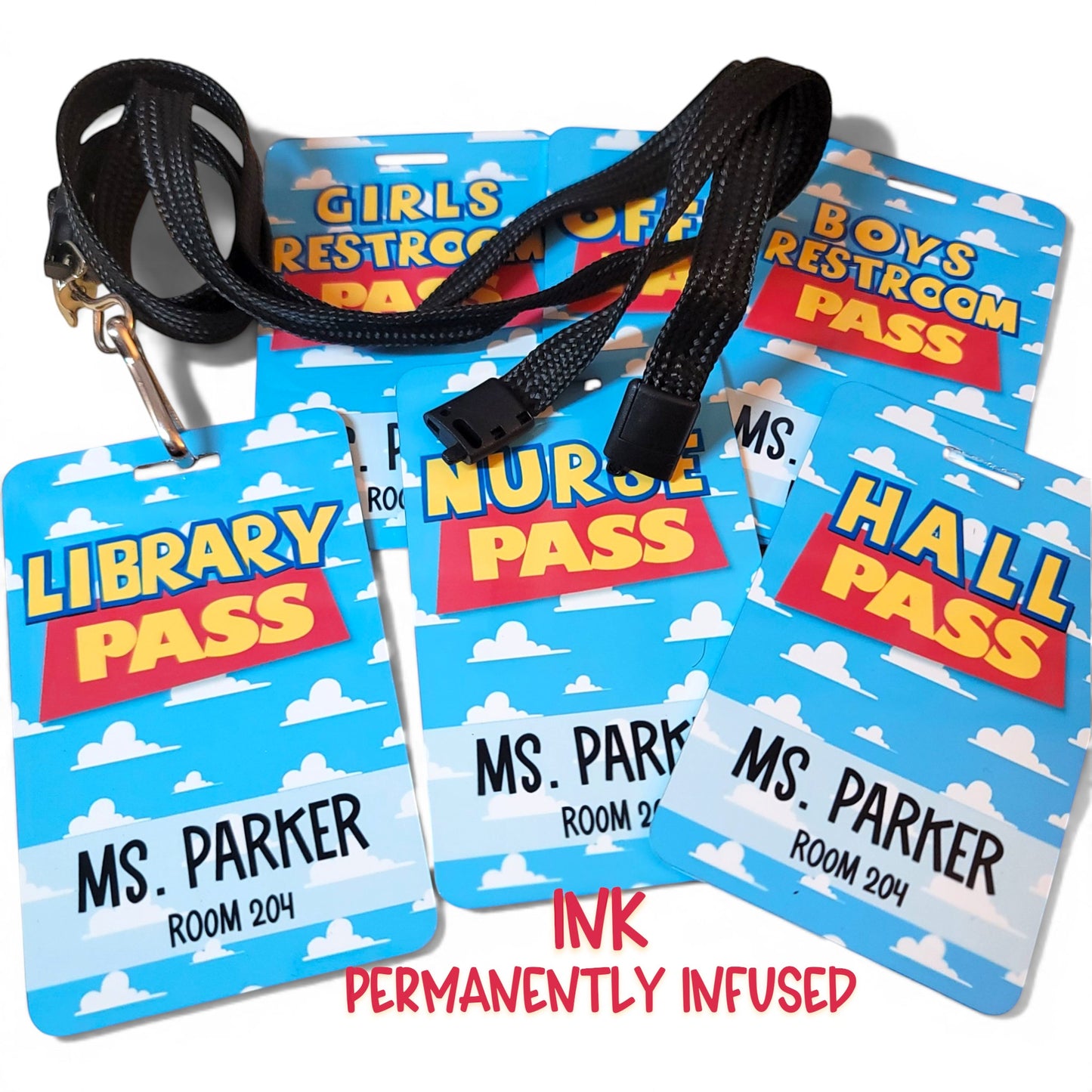 Mommie Peas Creations personalized metal classroom hall passes with Toy Story inspired blue sky and cloud design.