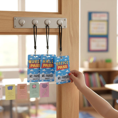 Mommie Peas Creations personalized metal classroom hall passes with a blue sky and cloud Toy Story inspired design.