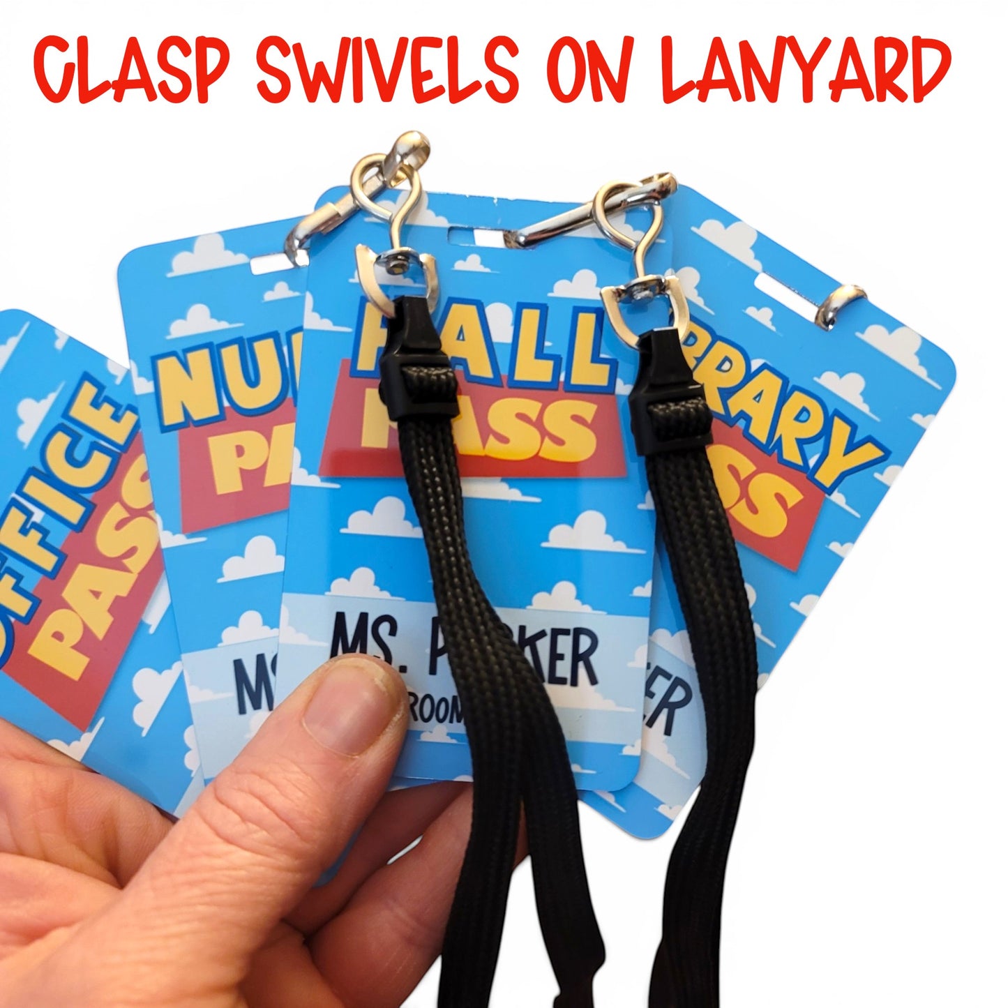 Mommie Peas Creations personalized metal classroom hall passes with Toy Story inspired blue sky and cloud design.