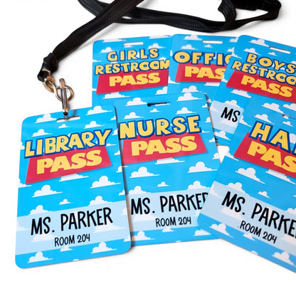 Mommie Peas Creations personalized metal classroom hall passes with a blue sky and white cloud Toy Story design.