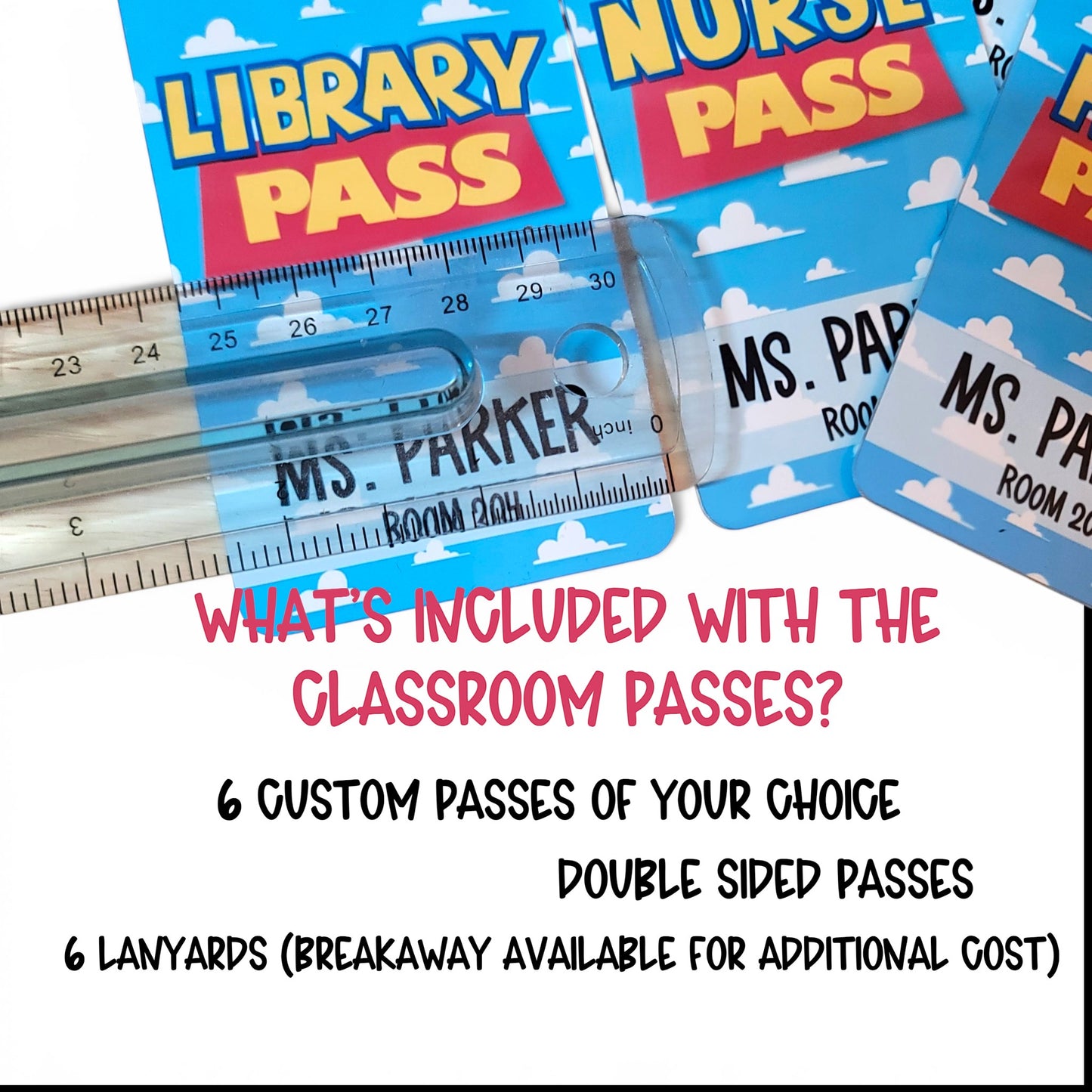 Mommie Peas Creations personalized metal classroom hall passes with a blue sky and white cloud Toy Story theme.