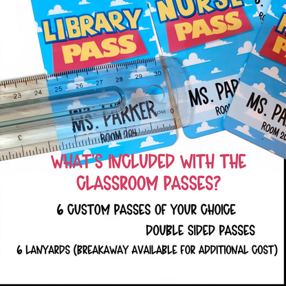 Mommie Peas Creations personalized metal classroom hall passes with a blue sky and white cloud Toy Story theme.