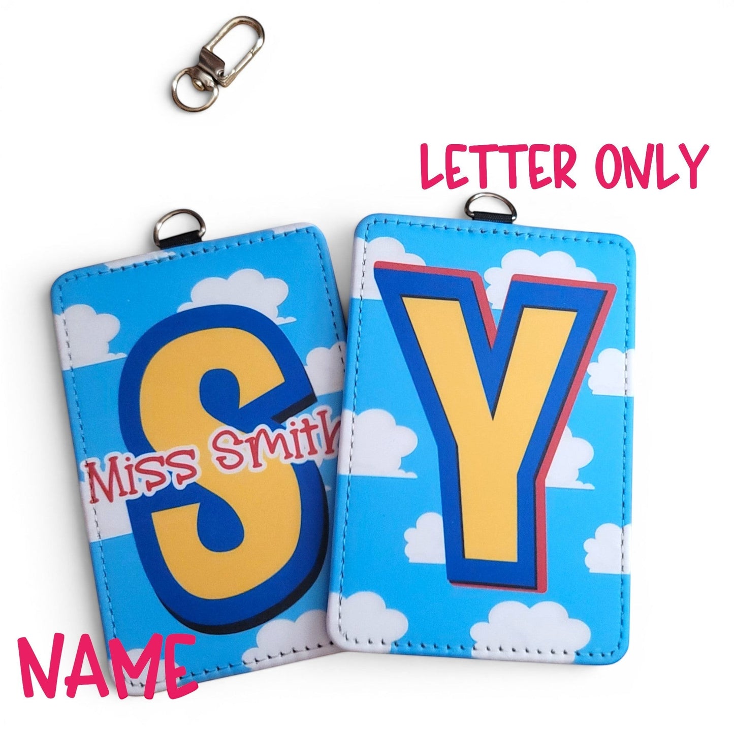 Mommie Peas Creations personalized Toy Story inspired blue cloudy sky ID badge holders with initial and name options.