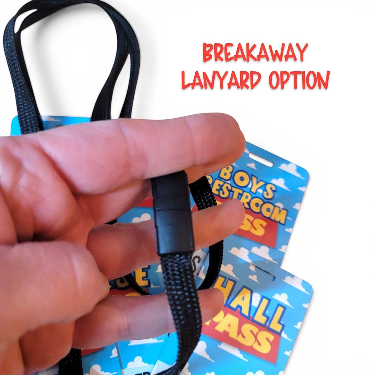 Mommie Peas Creations Toy Story inspired classroom hall pass with a black safety breakaway lanyard.