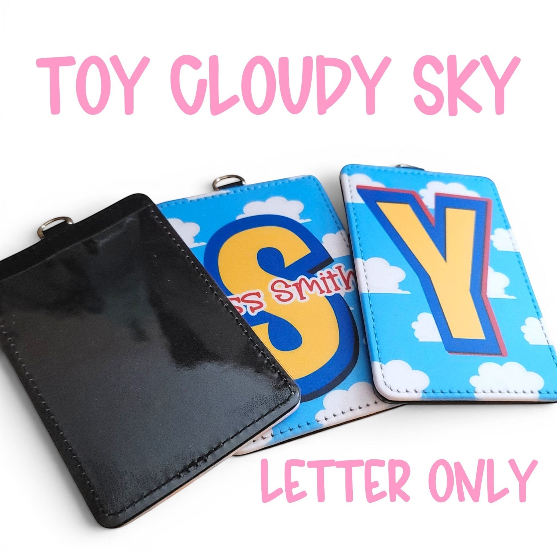 Mommie Peas Creations personalized Toy Story inspired cloudy sky ID badge holders with custom letters and names.