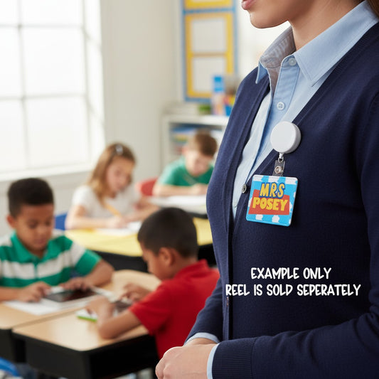 Mommie Peas Creations Toy Story inspired ID holder with cloudy sky print worn by a teacher in a classroom.