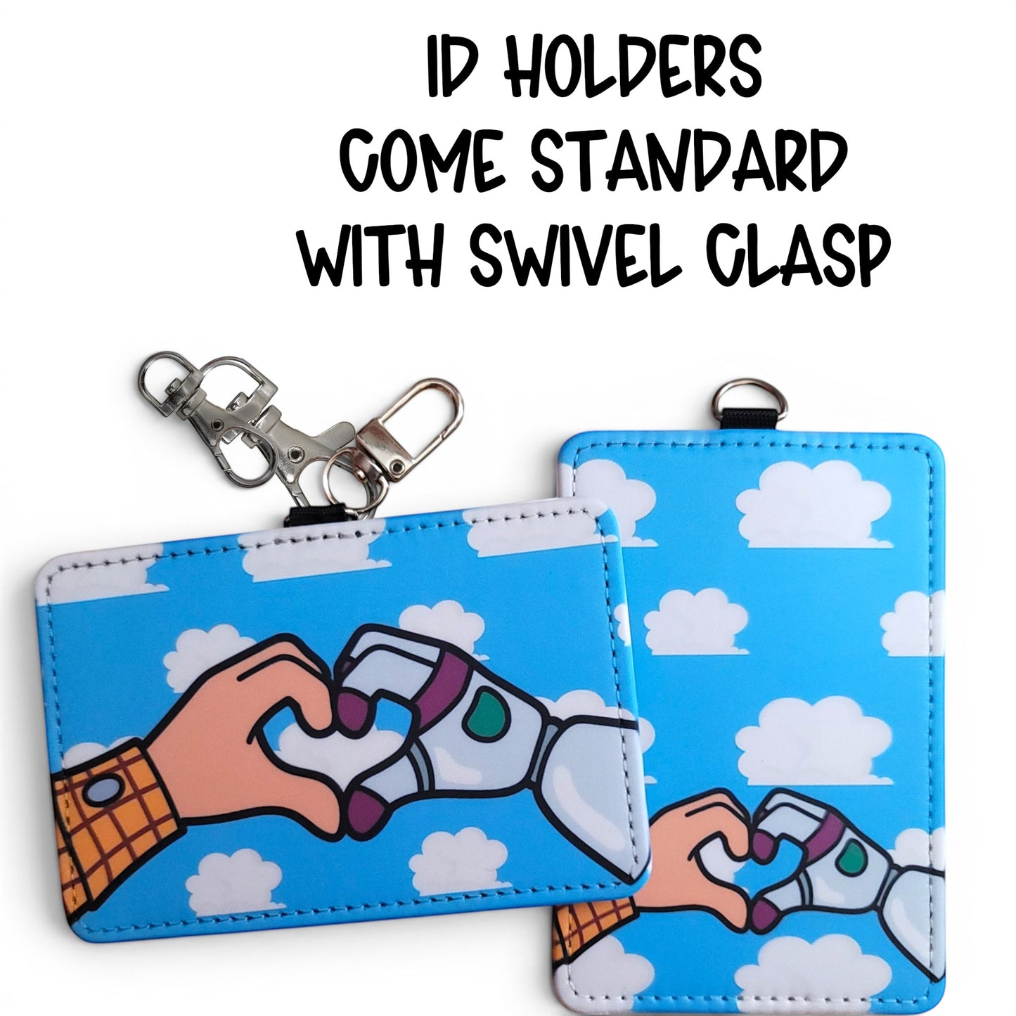 Mommie Peas Creations Toy Story inspired ID holder with Woody and Buzz heart hands on a cloudy blue sky background.