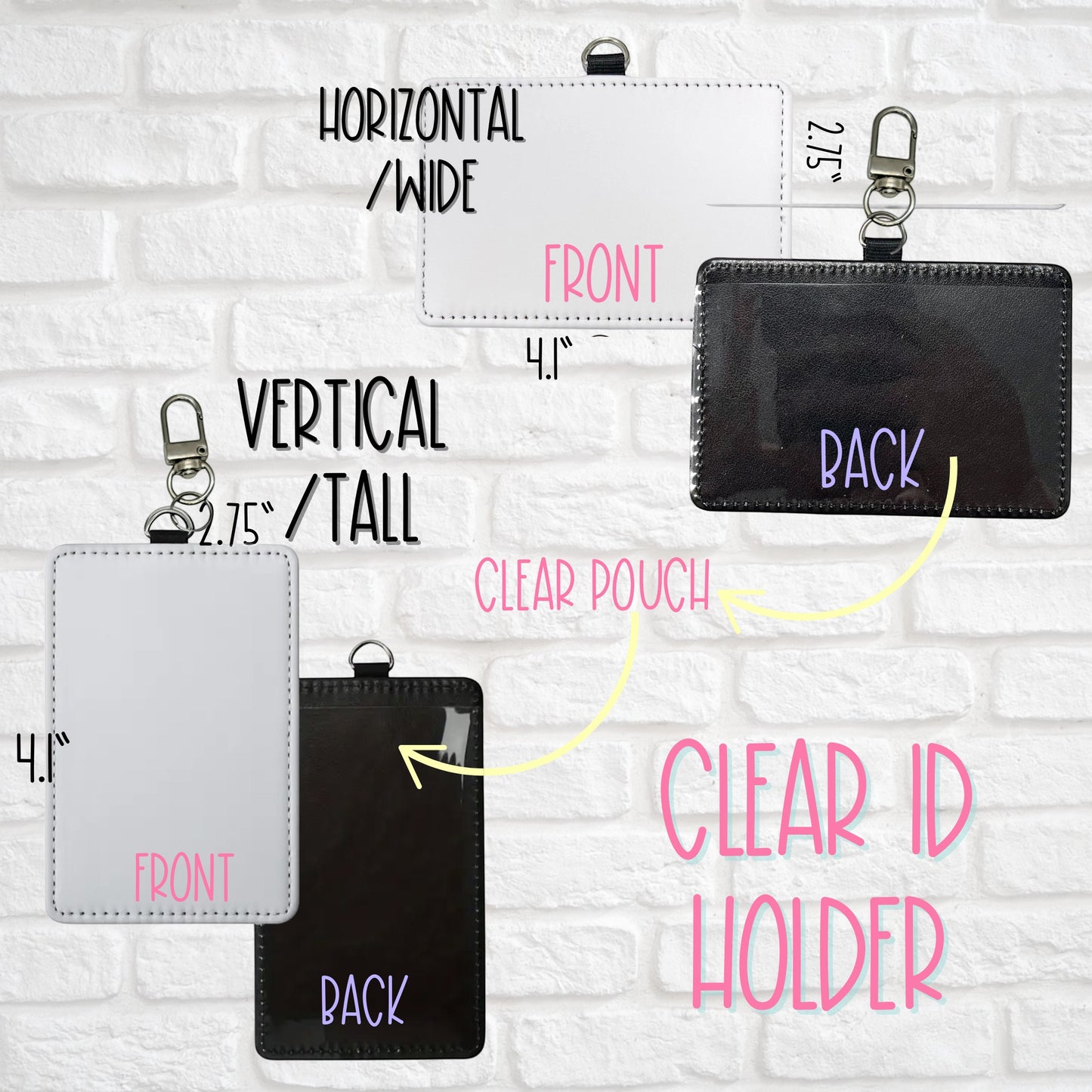 Mommie Peas Creations PU leather ID holders in vertical and horizontal styles with clear back pockets and D-ring.
