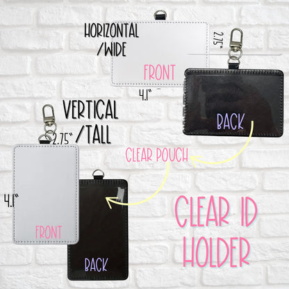 Mommie Peas Creations PU leather ID holders in vertical and horizontal styles with clear back pockets and D-ring.