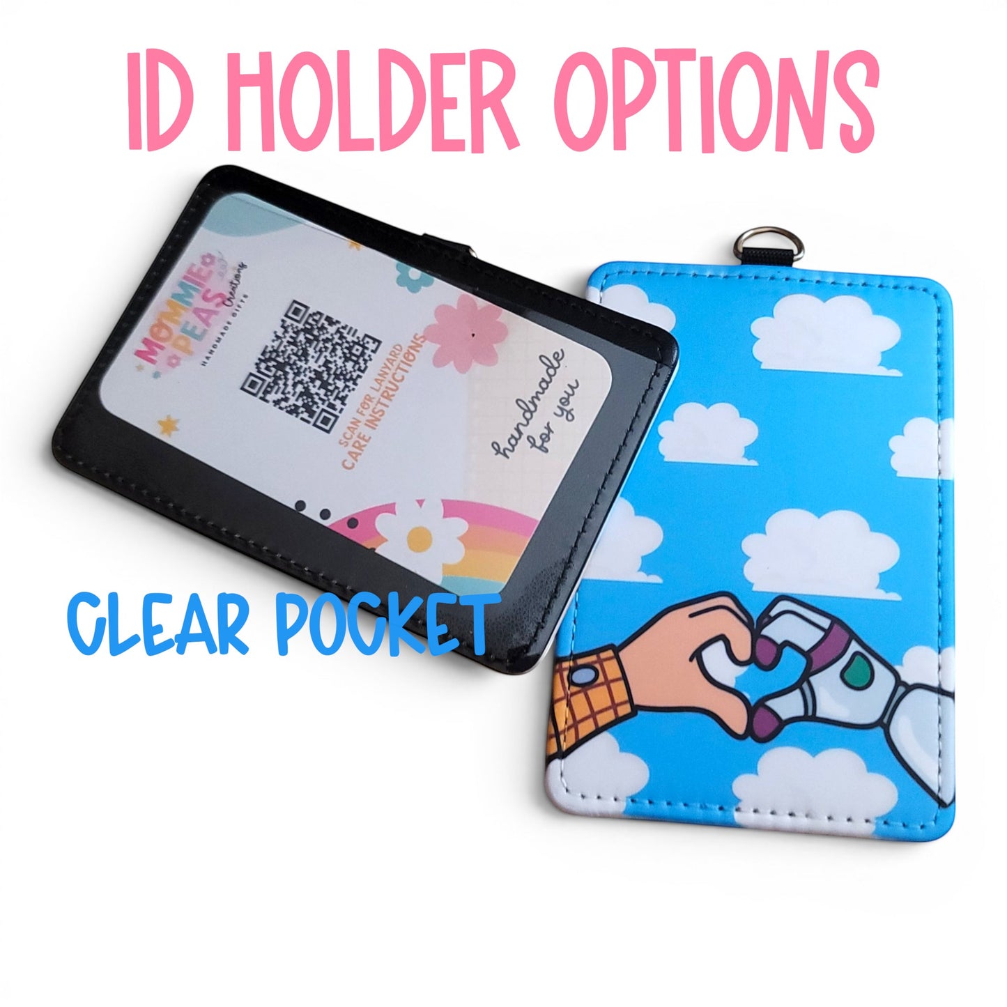 Mommie Peas Creations Toy Story inspired ID holder with Woody and Buzz heart hands on a cloudy blue sky PU leather.