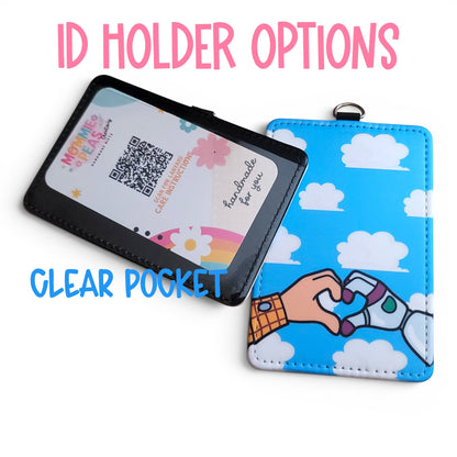 Mommie Peas Creations Toy Story inspired ID holder with Woody and Buzz heart hands on a cloudy blue sky PU leather.